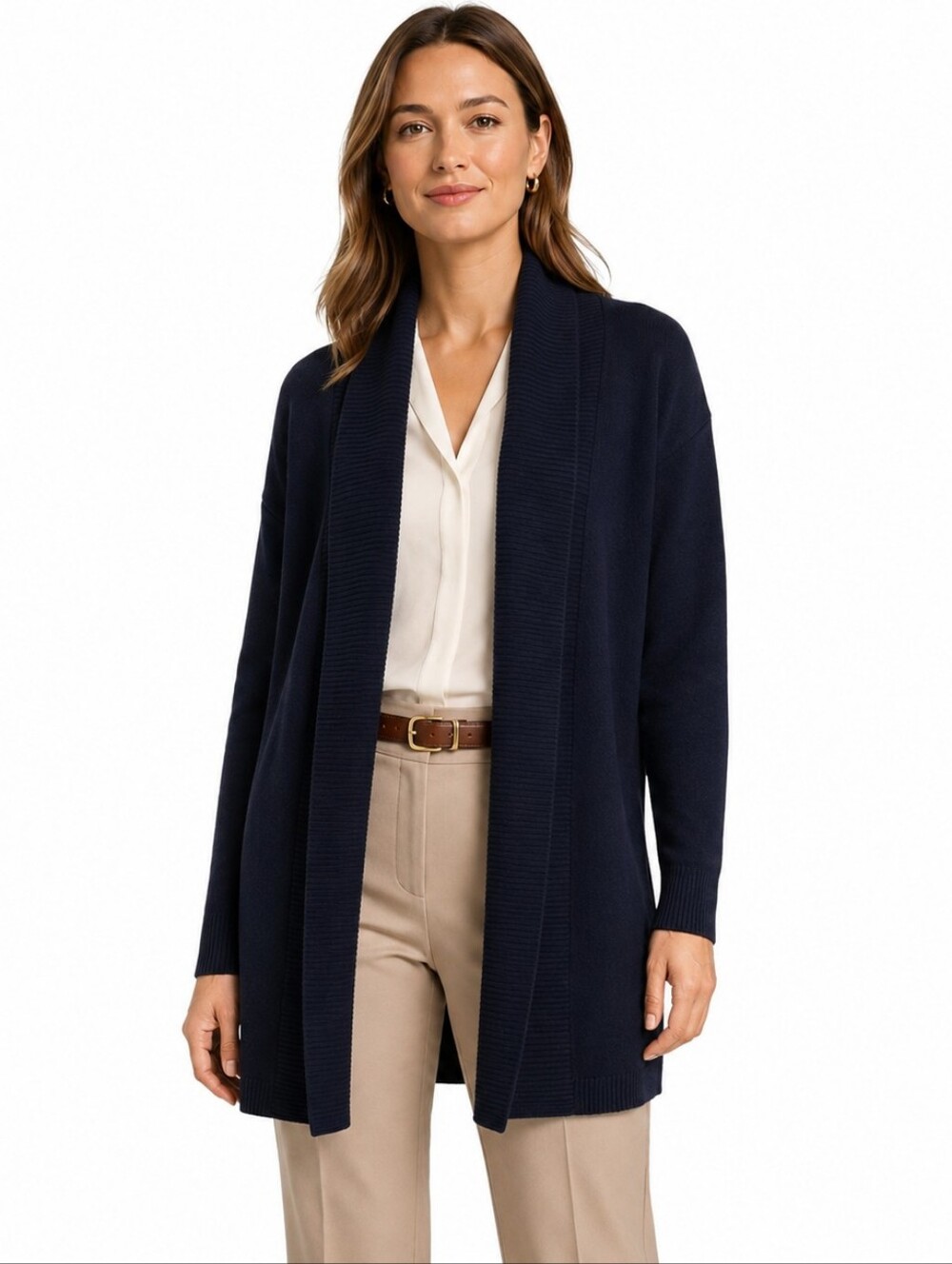 Talbots Lambswool Blend Long Cardigan XLP Navy Open Front Drape Quiet Luxury